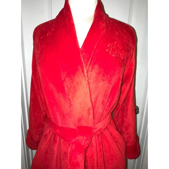 Lauren Ralph Red Plush Robe Bathrobe Monogram Logo Womens Size M Soft Cozy Shawl - Picture 3 of 7